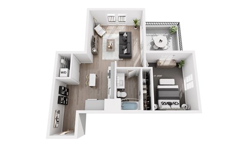 A white floor plan of a small apartment with a kitchen, living room, and bathroom.